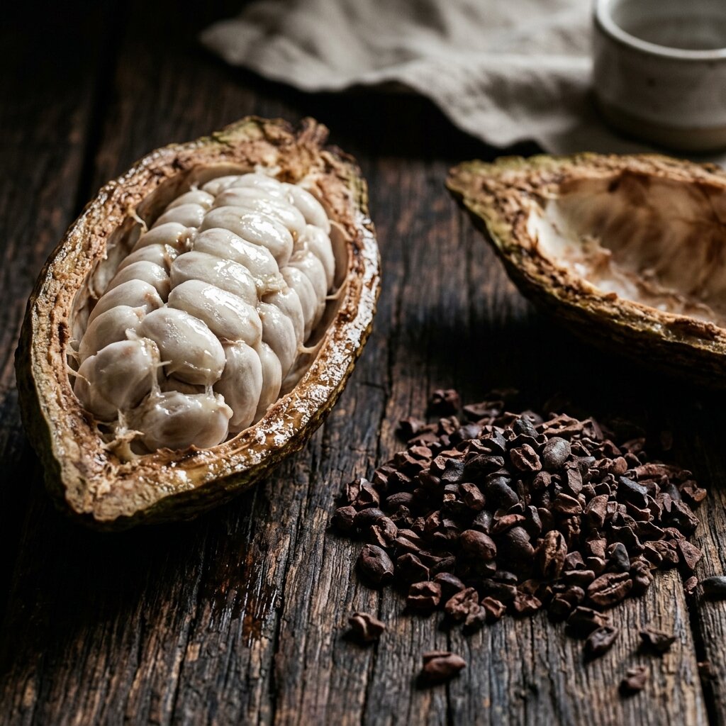 Split raw cabruca cacao pod with fresh seeds next to roasted nibs illustrating Tree-to-Bar chocolate - BeanBrazil Curation