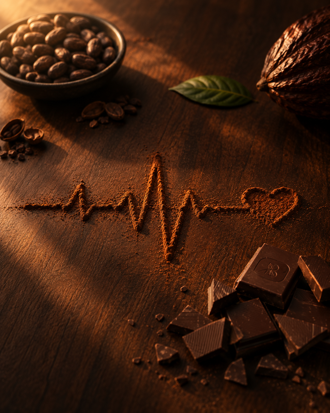 Cacau em pó desenhando um batimento cardíaco sobre madeira, ao lado de amêndoas de cacau e chocolate bean-to-bar