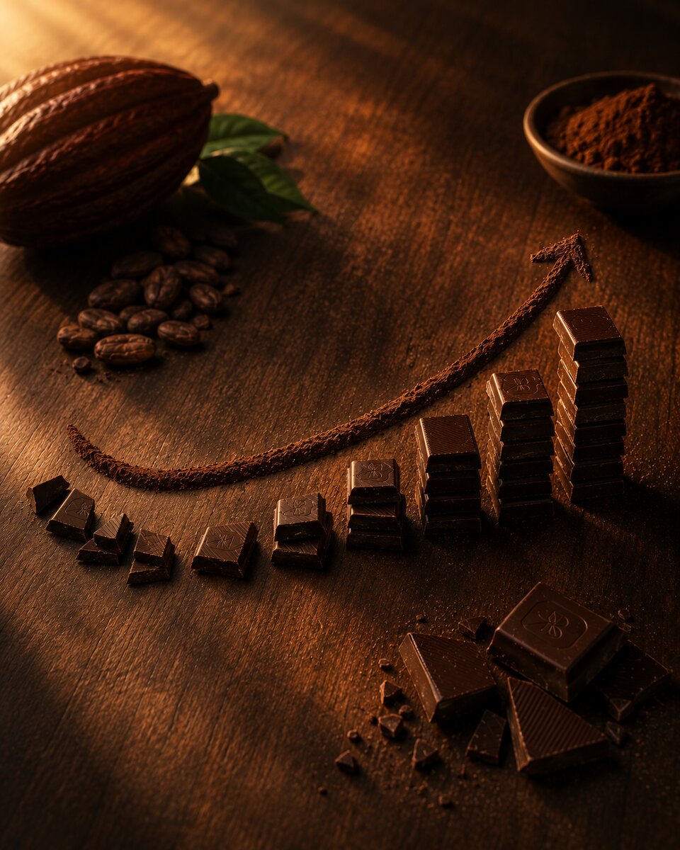 Cocoa powder forming an upward curve among pieces of chocolate, symbolizing the rise in cocoa prices