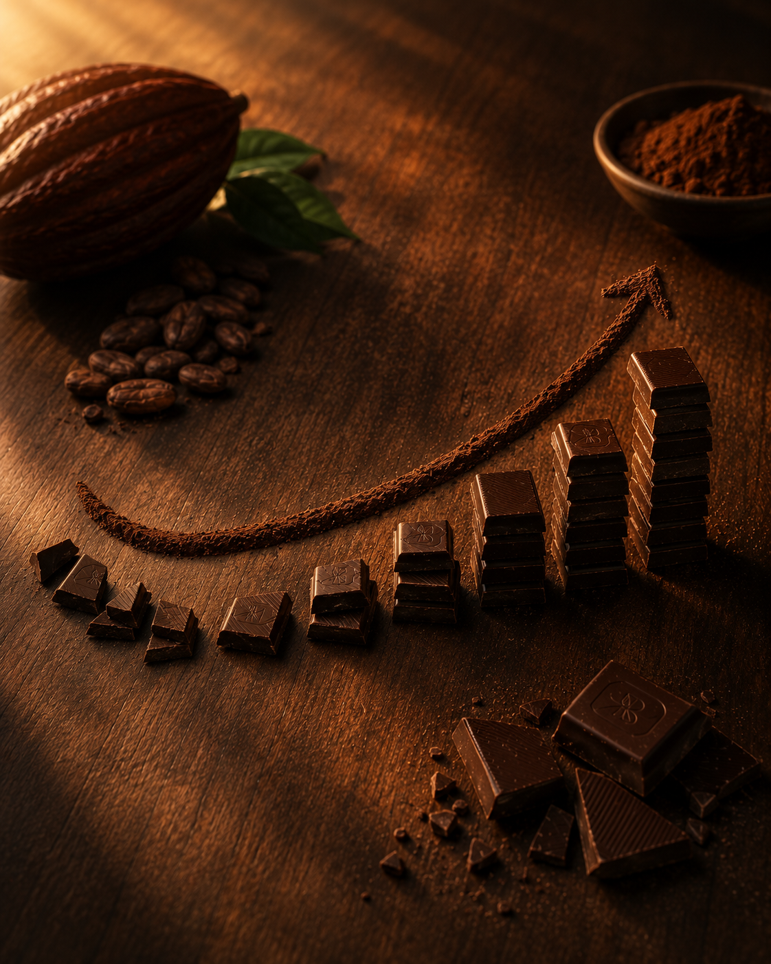 Cacau em pó formando uma curva ascendente entre pedaços de chocolate, simbolizando a alta do preço do cacau